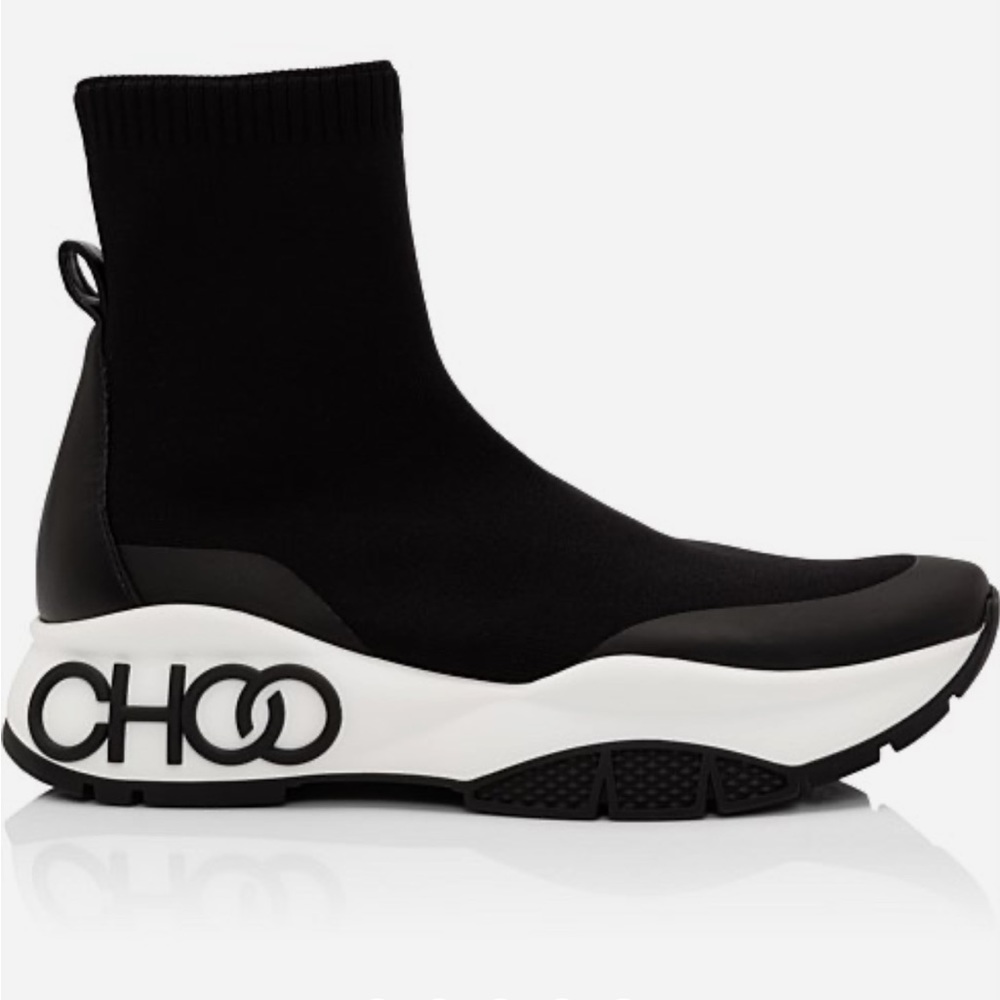 JIMMY CHOO RAINE SOCK/F STRETCH-KNIT HIGH-TOP TRAINERS IN BLACK size 10.5